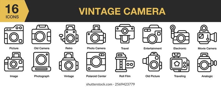 Vintage Camera icon set. Includes Camera, Old, Style, Photography, Vintage, Antique, Photo, and More. Outline icons vector collection.