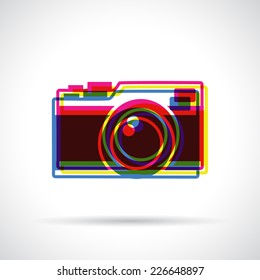 Vintage camera icon with shadow. Anaglyph 3D. Flat modern design.