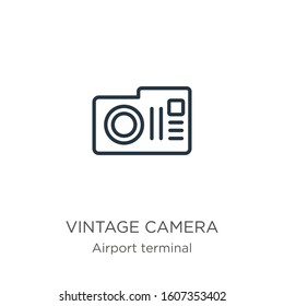 Vintage camera icon. Thin linear vintage camera outline icon isolated on white background from airport terminal collection. Line vector sign, symbol for web and mobile