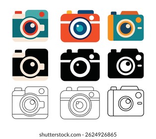 Vintage Camera Icons Retro Photography Graphic Design Elements, Set of Nine Colorful and Monochrome Illustrations for Websites, Apps, and Social Media