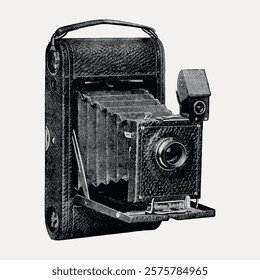 Vintage camera illustration with bellows and lens. Classic camera design, antique camera style. Retro camera art.