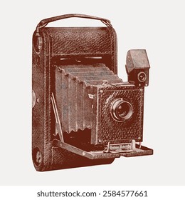 Vintage camera illustration with bellows and lens. Retro camera design in sepia tones. Classic photography equipment with antique camera style. Vintage art illustration, vector.