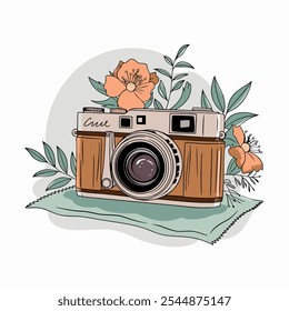 Ilustración de cámara de Antiguas con acentos florales, perfecto para marca, redes sociales o diseño impreso. Esta encantadora Imagen evoca nostalgia y amor por la Fotografía.