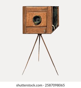 Vintage camera illustration on a tripod. Retro camera with a wooden box design. Classic camera art with tripod. Antique camera drawing, vintage style. Vintage art illustration, vector.