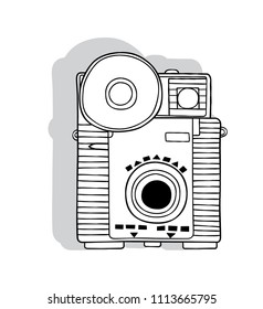 vintage camera illustration, picture, photography, Black & White Outline, antique, camera, photo, film, freehand, doodle, devise, retro sketch, shutter, lens, flash, studio, logo, object, focus, old