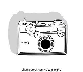 vintage camera illustration, picture, photography, Black & White Outline, antique, camera, photo, film, freehand, doodle, devise, retro sketch, shutter, lens, flash, studio, logo, object, focus, old
