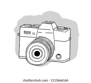 vintage camera illustration, picture, photography, Black & White Outline, antique, camera, photo, film, freehand, doodle, devise, retro sketch, shutter, lens, flash, studio, logo, object, focus, old