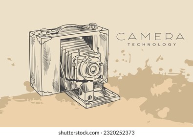 vintage camera of ink drawing sketch. vintage camera in doodle style. vector hand drawn.