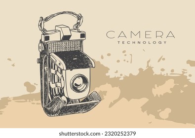 vintage camera of ink drawing sketch. vintage camera in doodle style. vector hand drawn.