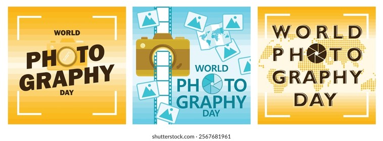 Vintage camera with clichés in it. Commemorating International Photography Day. Celebrated by photographers all over the world. World Photography Day concept. Set flat vector illustration.