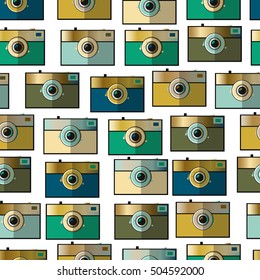 Vintage camera. Khaki palette. Seamless pattern. Vector illustration. Decor photographer wallpaper.