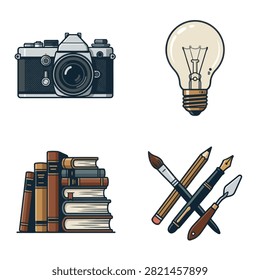 A vintage camera lightbulb stack of books and art tools