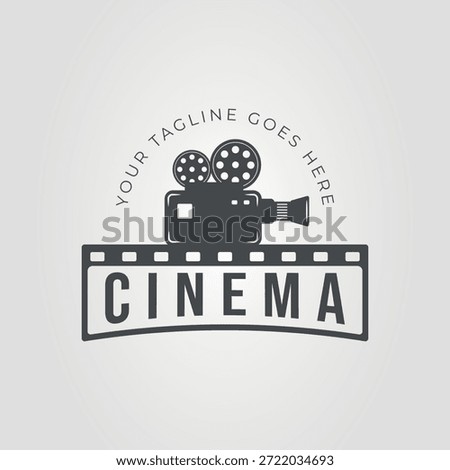 Vintage camera logo above cinema for retro photography blog, film production website, movie review platform, vintage photography concept design.