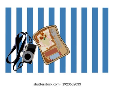 Vintage camera and milk cheese toast in a wooden plate
