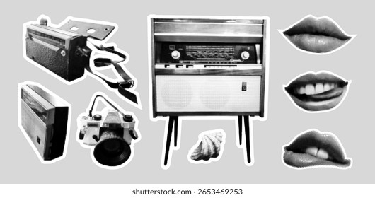 Câmera vintage, rádio antigo, e Lábios adesivos no estilo y2k brutalismo pixel. 