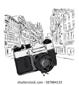 Vintage camera on a city street. Vector illustration. Architecture.