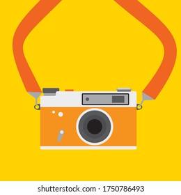 Vintage camera on color background. Retro style toned picture. Minimalist concept. Retro camera with strap. Photos. Collect moments. Vector illustration.