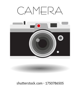 Vintage-Kamera auf Farbhintergrund. Retro-farbiges Bild. Minimalistisches Konzept. Retro-Kamera mit Gurt. Fotos. Sammle Momente. Vektorgrafik.