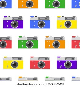 Vintage camera on color background. Retro style toned picture. Minimalist concept. Retro camera with strap. Photos. Collect moments. Vector illustration.
