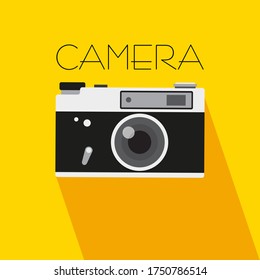 Vintage camera on color background. Retro style toned picture. Minimalist concept. Retro camera with strap. Photos. Collect moments. Vector illustration.
