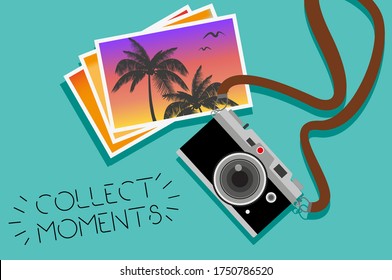 Vintage camera on color background. Retro style toned picture. Minimalist concept. Retro camera with strap. Photos. Collect moments. Vector illustration.