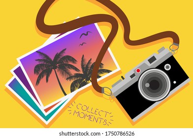 Cámara vintage sobre fondo de color. Imagen de estilo retro. Concepto minimalista. Cámara retro con correa. Fotos. Recolectar momentos. Ilustración vectorial.