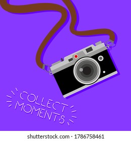 Vintage camera on color background. Retro style toned picture. Minimalist concept. Retro camera with strap. Photos. Collect moments. Vector illustration.