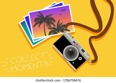 Vintage camera on color background. Retro style toned picture. Minimalist concept. Retro camera with strap. Photos. Collect moments. Vector illustration.