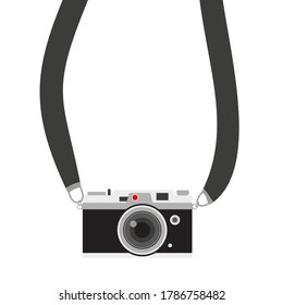 Vintage camera on color background. Retro style toned picture. Minimalist concept. Retro camera with strap. Photos. Collect moments. Vector illustration.