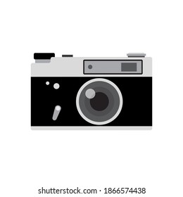 Vintage camera on color background. Retro style toned picture. Minimalist concept. Retro camera with strap. Photos. Collect moments. Vector illustration.