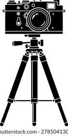 Vintage camera on tripod capturing scenic view