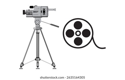 Vintage camera with outline. 35 mm retro film photo camera. Photography studio concept. DSLR big lens. Mirrorless photo device with old look. T shirt design element. Vector illustration,flat, clip art