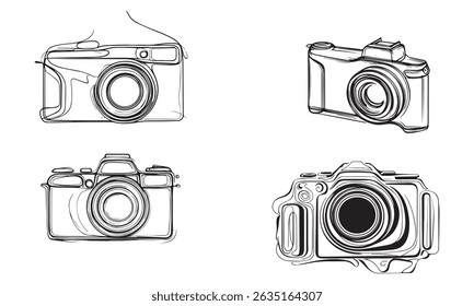 Vintage camera with outline. 35 mm retro film photo camera. Photography studio concept. DSLR big lens. Mirrorless photo device with old look. T shirt design element. Vector illustration,flat, clip art