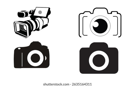 Vintage camera with outline. 35 mm retro film photo camera. Photography studio concept. DSLR big lens. Mirrorless photo device with old look. T shirt design element. Vector illustration,flat, clip art
