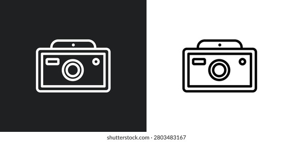 vintage camera outline icon in white and black colors. vintage camera flat vector icon from airport terminal collection for web, mobile apps and ui.