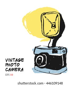 vintage camera photography studio vector illustration. retro hand drawn isolated art
