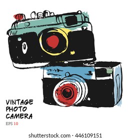 vintage camera photography studio vector illustration. retro hand drawn isolated art