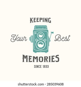 Vintage Camera Photography Vector Label, Card Or A Logo Template With Retro Typography And Texture. Isolated.