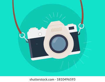 Vintage Camera poster design with sparkling retro camera on a strap over an aqua blue green background, colored vector illustration