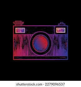 vintage camera red blue on black background, vector logo icon