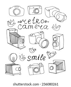 vintage camera set, vector hand drawn illustration