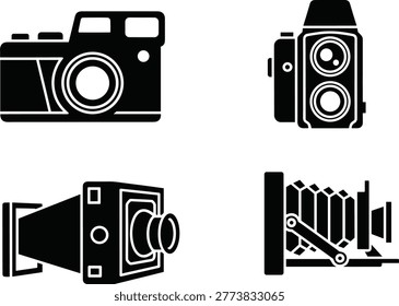 Vintage camera silhouette vector icon set featuring retro film cameras instant camera and bellows camera isolated on white background