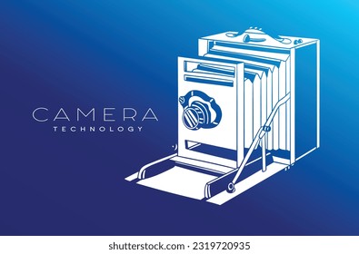 the vintage camera of sketch ink drawing in white and blue. classic camera in Doodle style. Vector hand drawn. poster of a classic camera of vector