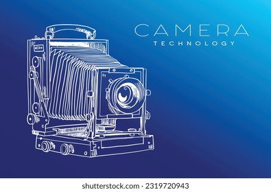 the vintage camera of sketch ink drawing in white and blue. classic camera in Doodle style. Vector hand drawn. poster of a classic camera of vector