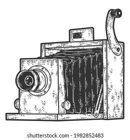 Vintage camera. Sketch scratch board imitation color. Engraving vector illustration.