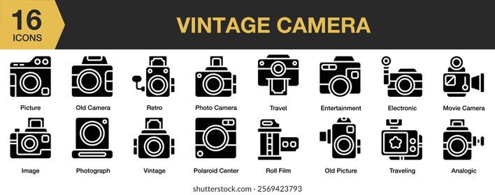 Vintage Camera solid icon set. Includes Camera, Old, Style, Photography, Vintage, Antique, Photo, and More. Solid icons vector collection.