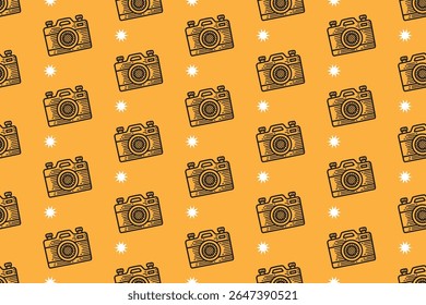 câmera vintage com estrela doodle padrão sem emenda no fundo amarelo para embalagem e mercadorias. fotografia retro gravura padrão fundo. câmera analógica desenho à mão ilustração motivo design