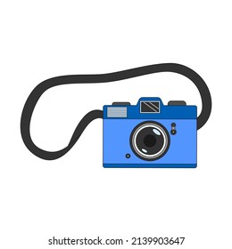 Vintage camera for with a strap. The symbol of the 90s. Retro photo camera. A flat icon with an outline. Color vector illustration isolated on a white background