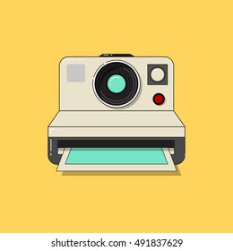 Vintage camera taking picture. Flat design vector illustration.