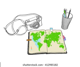 Vintage camera, travelbook the sketch map of the world. Taking notes and plan your trip. Travel, adventure experiences. Table top view. Vector hand-drawn sketch.